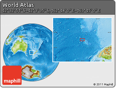 Physical Location Map of the Area around 42° 18' 13" S, 163° 16' 30" E