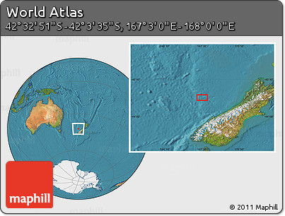 Satellite Location Map of the Area around 42° 18' 13" S, 167° 31' 30" E