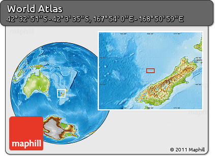 Physical Location Map of the Area around 42° 18' 13" S, 168° 22' 30" E