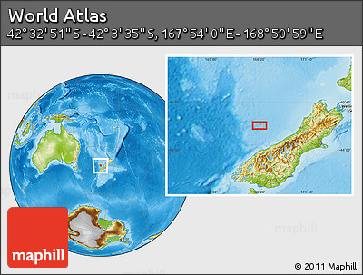 Physical Location Map of the Area around 42° 18' 13" S, 168° 22' 30" E