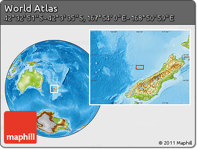 Physical Location Map of the Area around 42° 18' 13" S, 168° 22' 30" E