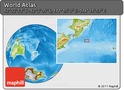 Physical Location Map of the Area around 42° 18' 13" S, 177° 43' 29" E