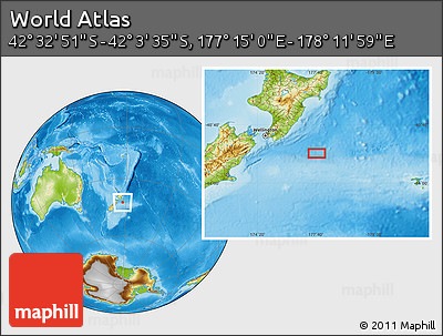 Physical Location Map of the Area around 42° 18' 13" S, 177° 43' 29" E