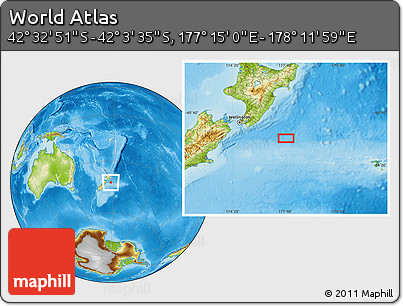 Physical Location Map of the Area around 42° 18' 13" S, 177° 43' 29" E