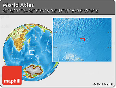 Physical Location Map of the Area around 42° 18' 13" S, 52° 46' 29" E