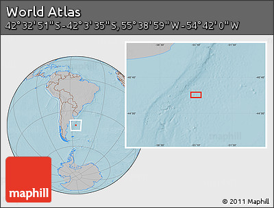 Gray Location Map of the Area around 42° 18' 13" S, 55° 10' 29" W, hill shading