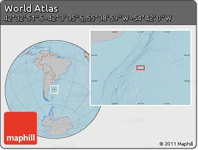 Gray Location Map of the Area around 42° 18' 13" S, 55° 10' 29" W, hill shading