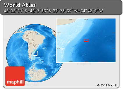 Shaded Relief Location Map of the Area around 42° 18' 13" S, 55° 10' 29" W