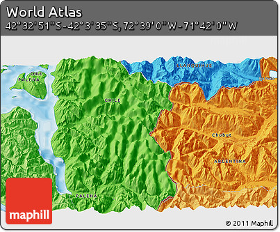 Political 3D Map of the Area around 42° 18' 13" S, 72° 10' 30" W