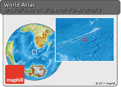 Physical Location Map of the Area around 42° 44' 20" S, 11° 58' 29" E