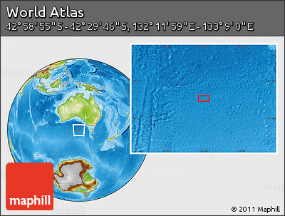 Physical Location Map of the Area around 42° 44' 20" S, 132° 40' 30" E