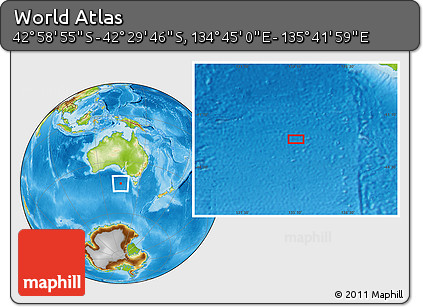 Physical Location Map of the Area around 42° 44' 20" S, 135° 13' 29" E