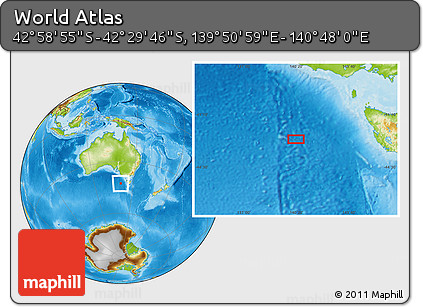 Physical Location Map of the Area around 42° 44' 20" S, 140° 19' 29" E