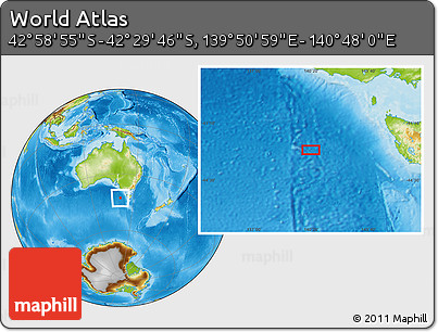 Physical Location Map of the Area around 42° 44' 20" S, 140° 19' 29" E