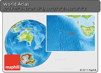 Physical Location Map of the Area around 42° 44' 20" S, 142° 1' 30" E