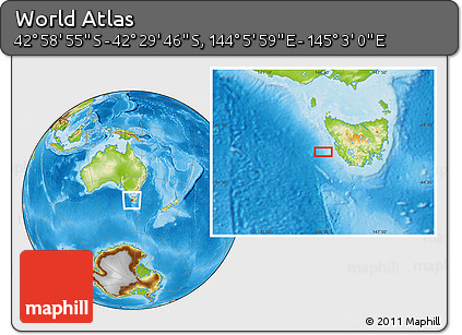 Physical Location Map of the Area around 42° 44' 20" S, 144° 34' 29" E