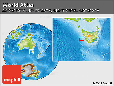 Physical Location Map of the Area around 42° 44' 20" S, 144° 34' 29" E