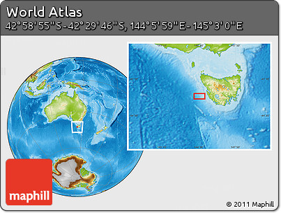 Physical Location Map of the Area around 42° 44' 20" S, 144° 34' 29" E