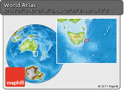 Physical Location Map of the Area around 42° 44' 20" S, 148° 49' 29" E