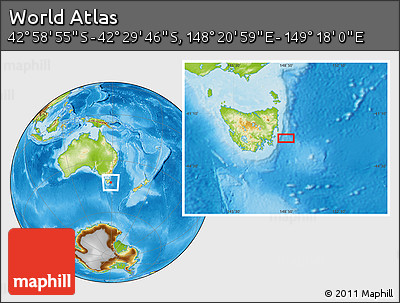 Physical Location Map of the Area around 42° 44' 20" S, 148° 49' 29" E