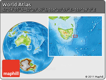 Physical Location Map of the Area around 42° 44' 20" S, 148° 49' 29" E