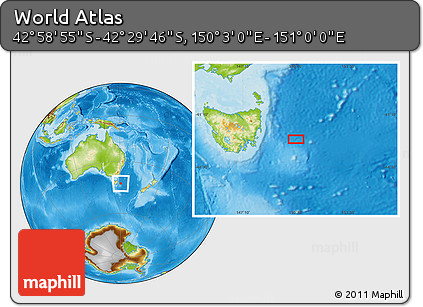 Physical Location Map of the Area around 42° 44' 20" S, 150° 31' 30" E
