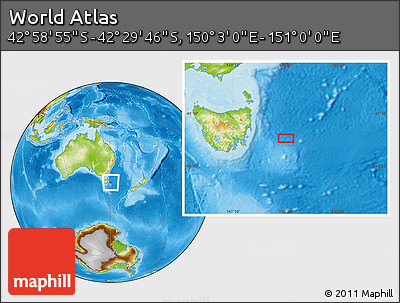 Physical Location Map of the Area around 42° 44' 20" S, 150° 31' 30" E