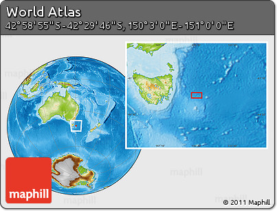 Physical Location Map of the Area around 42° 44' 20" S, 150° 31' 30" E