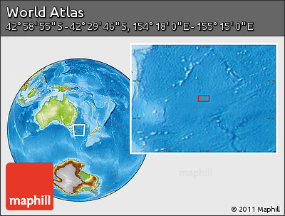Physical Location Map of the Area around 42° 44' 20" S, 154° 46' 30" E