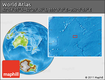 Physical Location Map of the Area around 42° 44' 20" S, 155° 37' 30" E