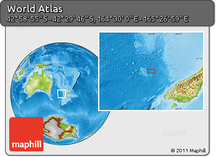 Physical Location Map of the Area around 42° 44' 20" S, 164° 58' 29" E