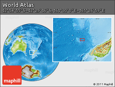 Physical Location Map of the Area around 42° 44' 20" S, 164° 58' 29" E