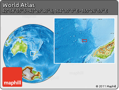 Physical Location Map of the Area around 42° 44' 20" S, 164° 58' 29" E