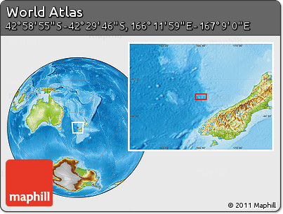 Physical Location Map of the Area around 42° 44' 20" S, 166° 40' 30" E