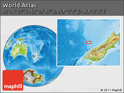 Physical Location Map of the Area around 42° 44' 20" S, 167° 31' 30" E