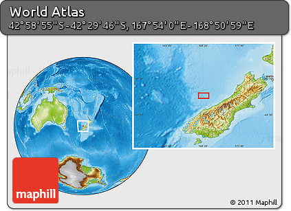 Physical Location Map of the Area around 42° 44' 20" S, 168° 22' 30" E