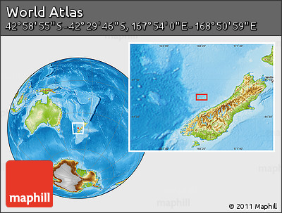 Physical Location Map of the Area around 42° 44' 20" S, 168° 22' 30" E