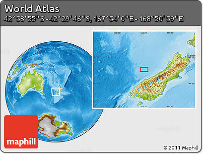 Physical Location Map of the Area around 42° 44' 20" S, 168° 22' 30" E