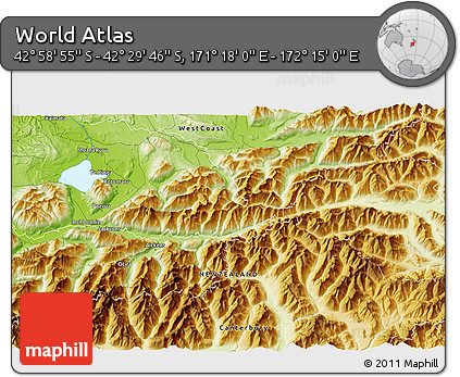 Physical 3D Map of the Area around 42° 44' 20" S, 171° 46' 30" E