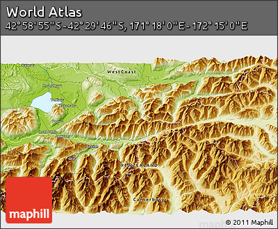 Physical 3D Map of the Area around 42° 44' 20" S, 171° 46' 30" E