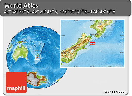 Physical Location Map of the Area around 42° 44' 20" S, 174° 19' 29" E