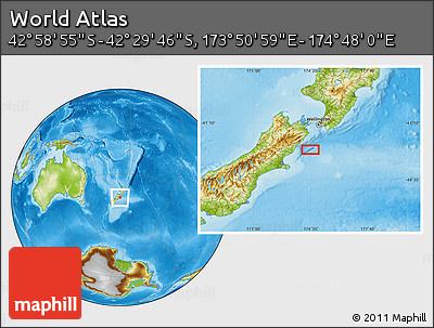 Physical Location Map of the Area around 42° 44' 20" S, 174° 19' 29" E