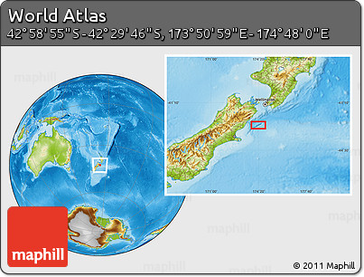 Physical Location Map of the Area around 42° 44' 20" S, 174° 19' 29" E