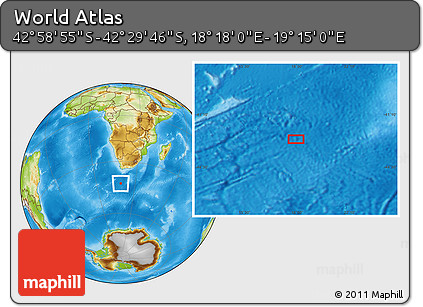 Physical Location Map of the Area around 42° 44' 20" S, 18° 46' 29" E