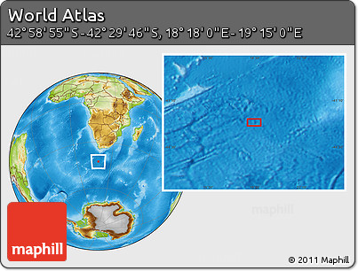 Physical Location Map of the Area around 42° 44' 20" S, 18° 46' 29" E