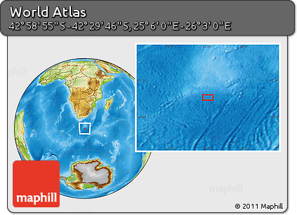 Physical Location Map of the Area around 42° 44' 20" S, 25° 34' 30" E
