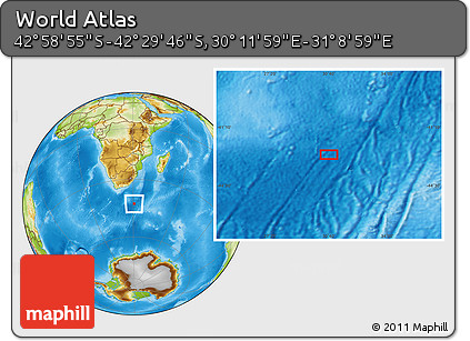 Physical Location Map of the Area around 42° 44' 20" S, 30° 40' 29" E