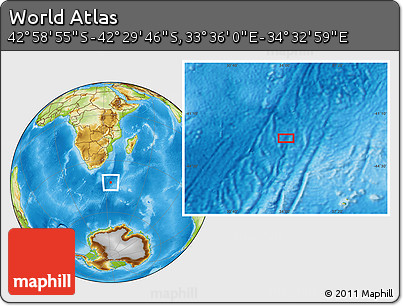Physical Location Map of the Area around 42° 44' 20" S, 34° 4' 30" E