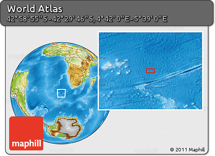 Physical Location Map of the Area around 42° 44' 20" S, 5° 10' 30" E
