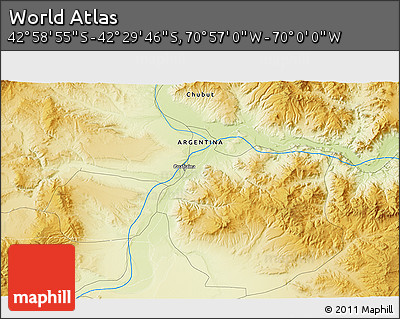 Physical 3D Map of the Area around 42° 44' 20" S, 70° 28' 29" W